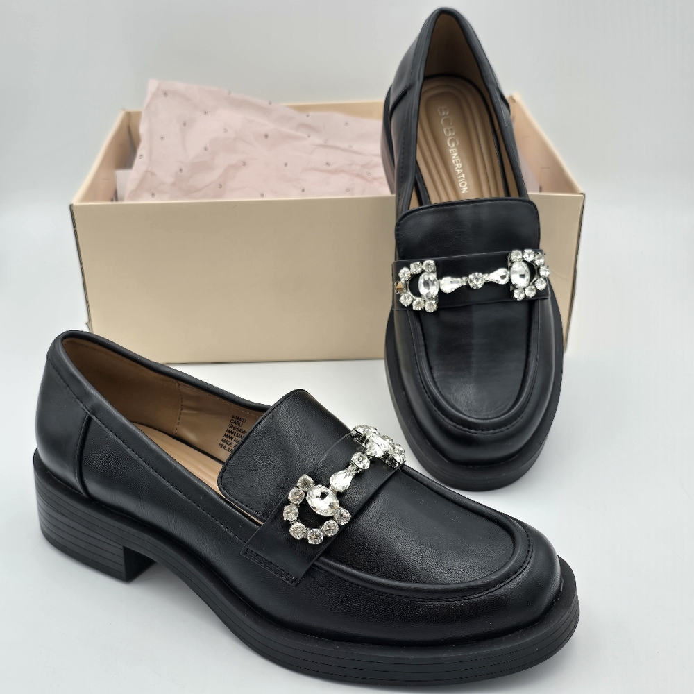 Like-New BCBGeneration Carli Crystal Bit Loafers, Black, 6.5M